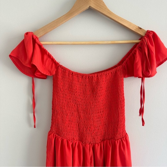 3/$20⚡️ Windsor Red Off The Shoulder Romper Flowy Arm Tie Ring The Alarm Smocked - Picture 5 of 12